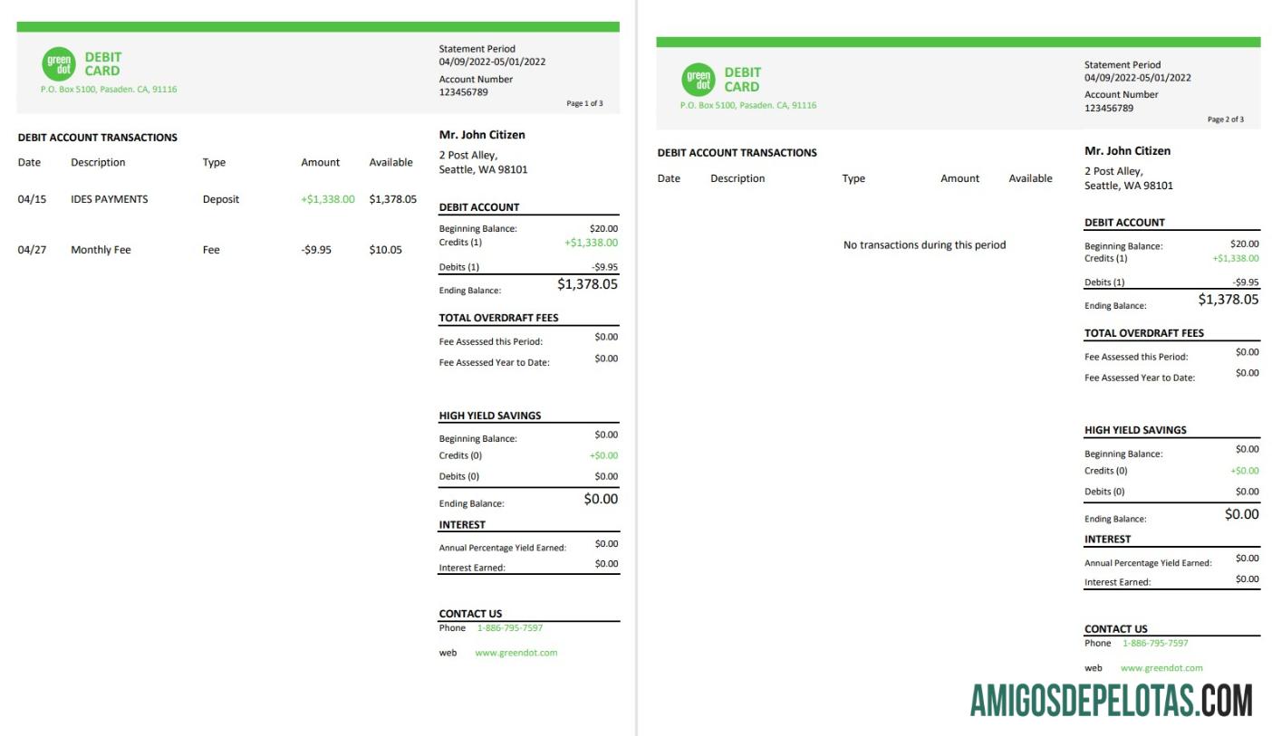 USA Green Dot Bank Statement, 3 Pages amostra
